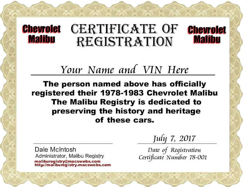 Malibu Registry Certificate